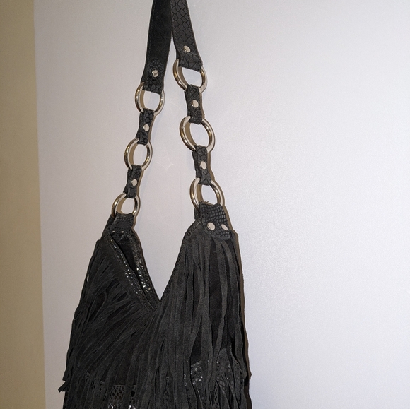 Pietro Alessandro Black Suede Snakeskin Fringe Shoulder Bag - Picture 8 of 8